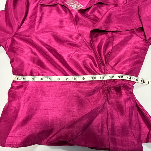 Womens Long Sleeve Wrap Top Size L Tie Bow Satin Metallic Pink Formal Elegant - Picture 8 of 12